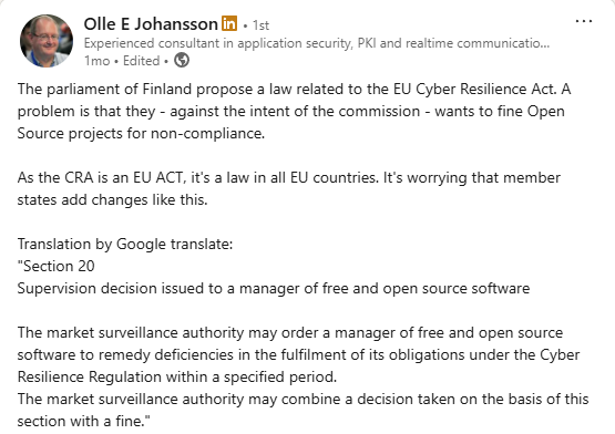 Olle E Johansson's LinkedIn Finland's proposed law related to the EU Cyber Resilience Act
